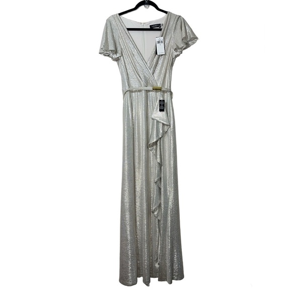 Ralph Lauren Belted Metallic Knit Flutter Sleeve Gown size 4 - Picture 7 of 11
